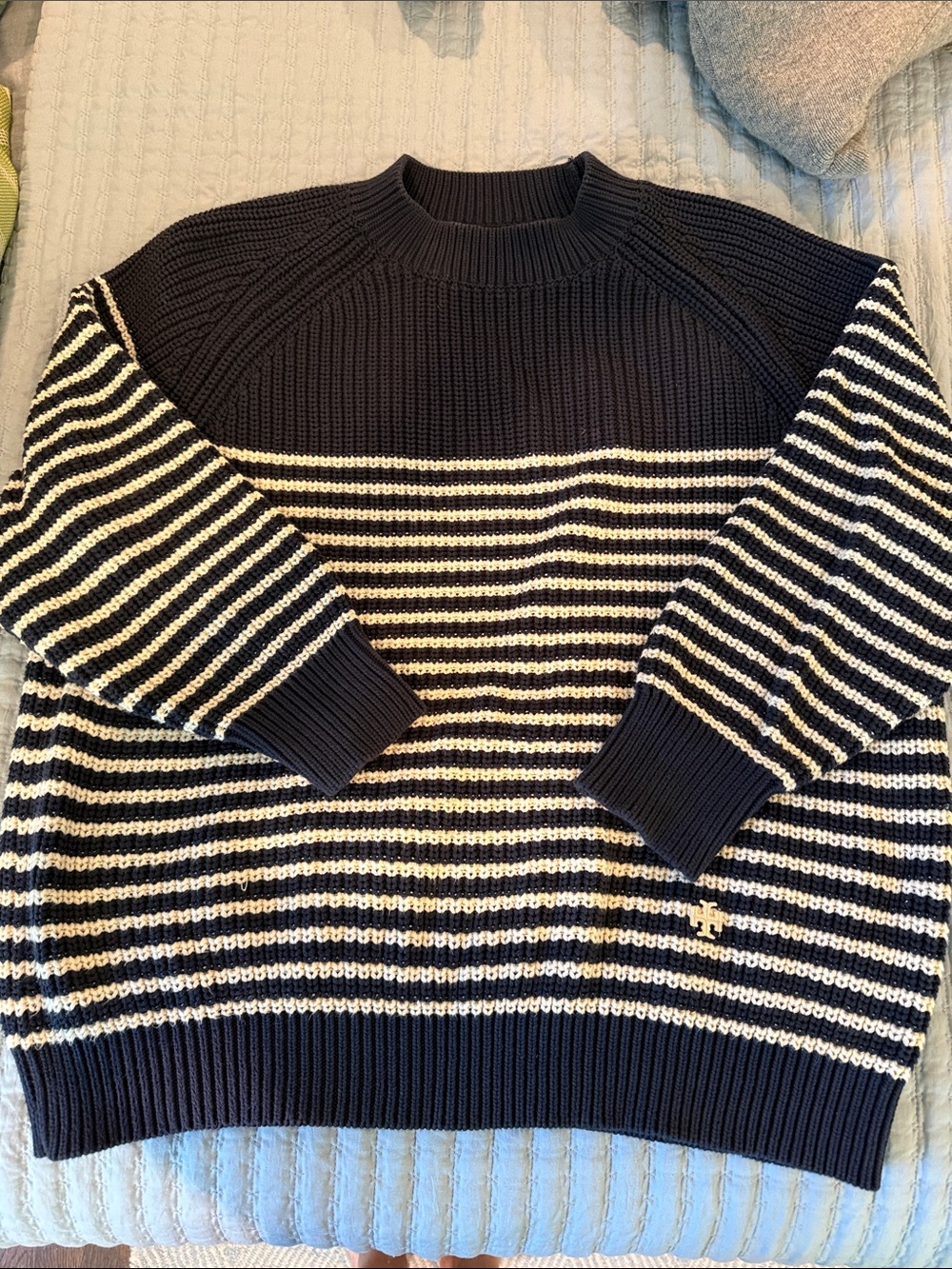Tory Sport Navy and Cream Striped Crewneck Sweater